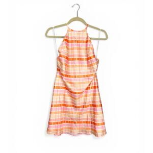 Nia Pink Multi Plaid Satin Mini Backless Slip Dress Large NWT Spring Coquette